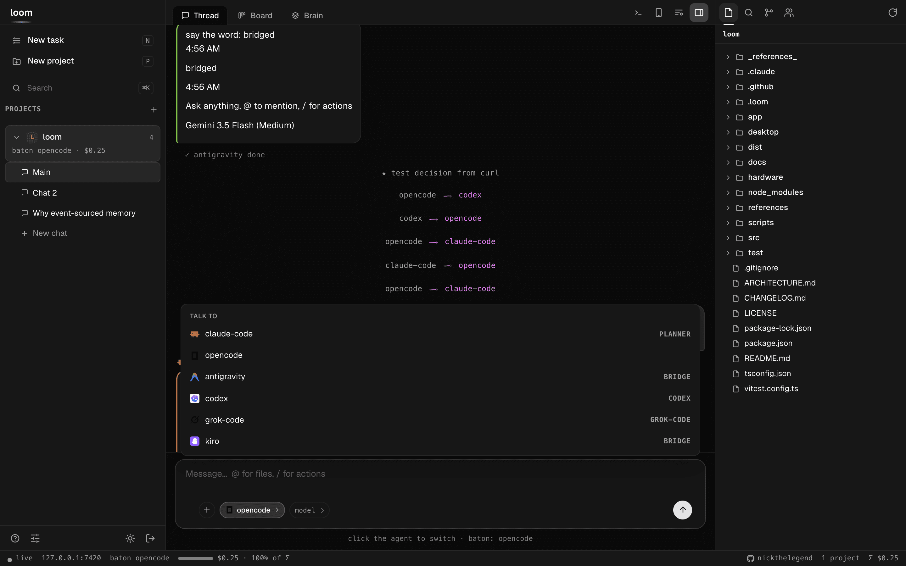 The Loom desktop app with the agent switcher open — claude-code, opencode, antigravity, codex, grok-code and kiro — over a thread showing five baton handoffs