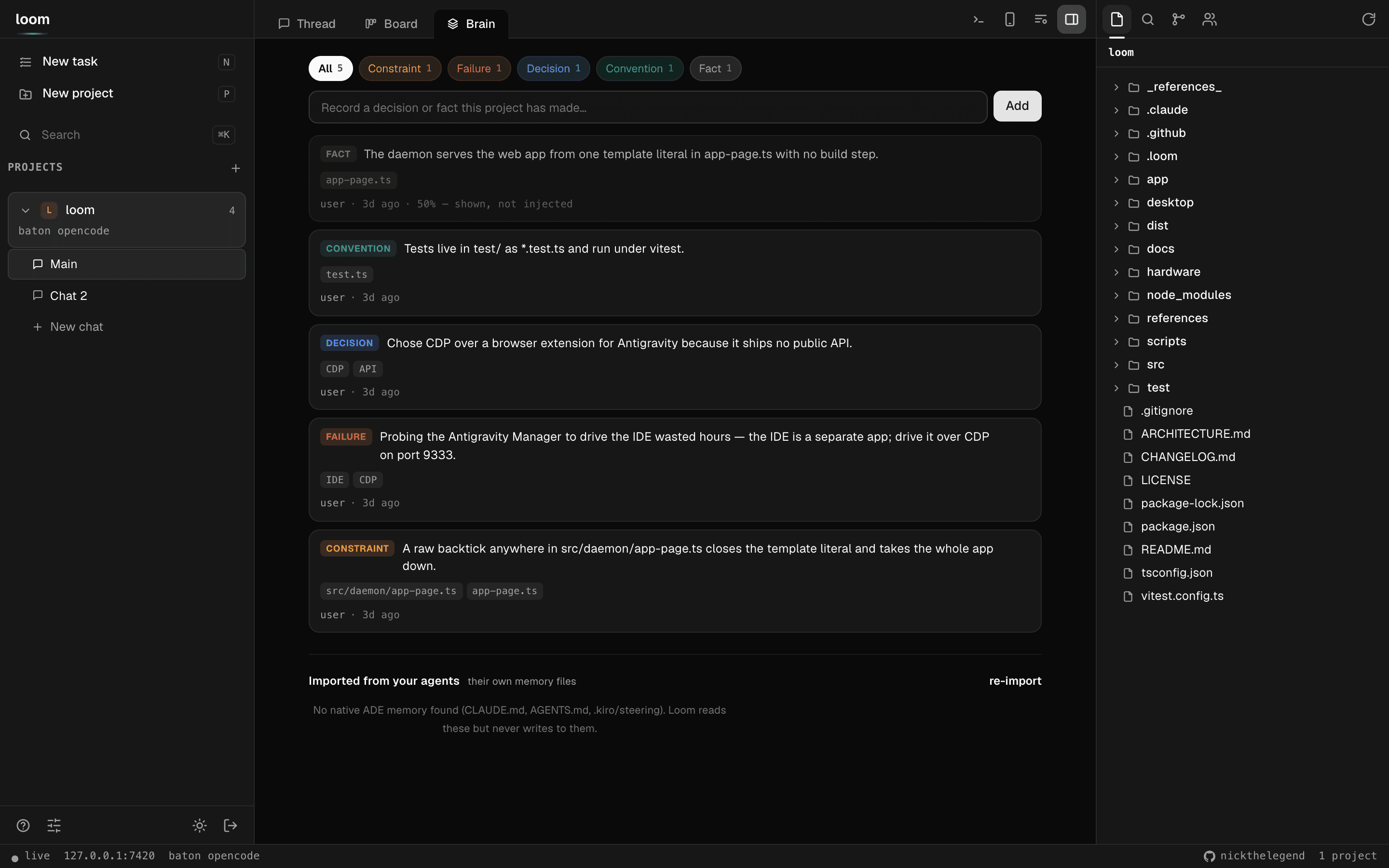 The Loom desktop app — the Brain tab, showing learned memory units by kind