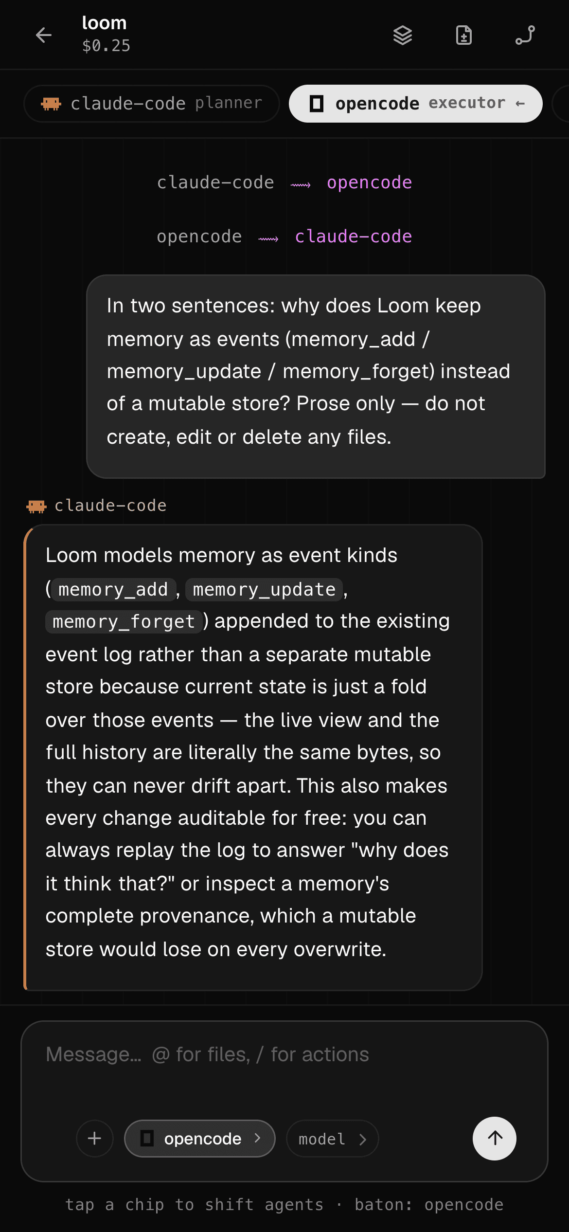 Loom on a phone: agent chips with the baton, a claude-code answer, and a live handoff to opencode